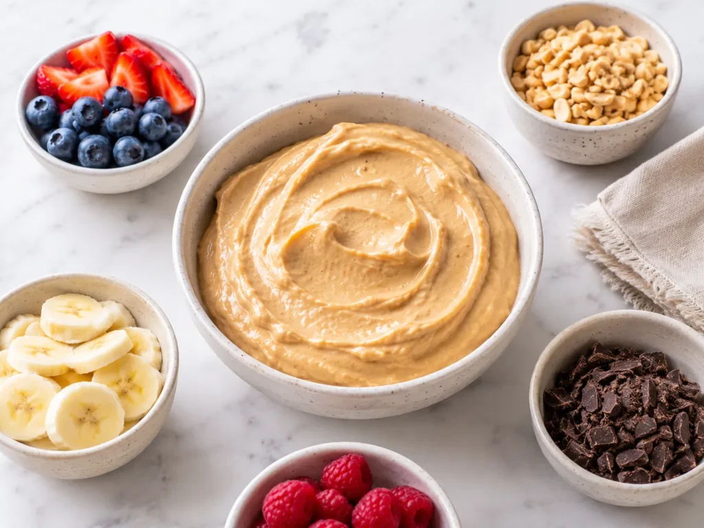 Cottage cheese peanut butter mousse with topping options like berries, peanuts, chocolate, and banana.