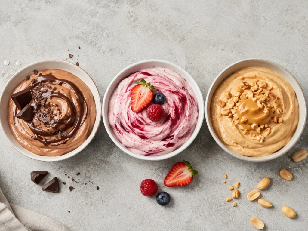 Three variation bowls of cottage cheese peanut butter mousse with different toppings and mix-ins.