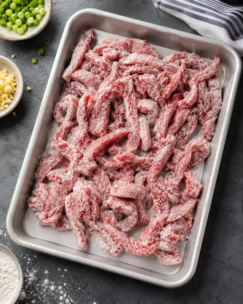 Thin beef strips coated in cornstarch for crispy chilli beef rice