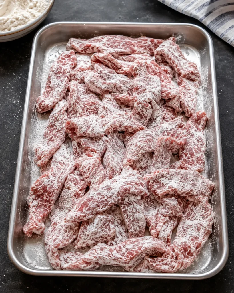 Thin beef strips lightly coated in cornstarch and flour for crispy chilli beef rice