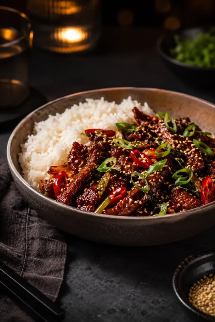 Final serving of crispy chilli beef with rice in a deep bowl for dinner