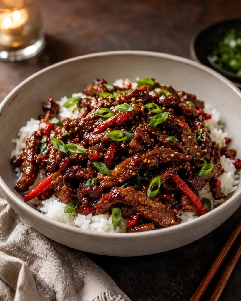Crispy chilli beef served over jasmine rice in a bowl with spring onions and sesame seeds
