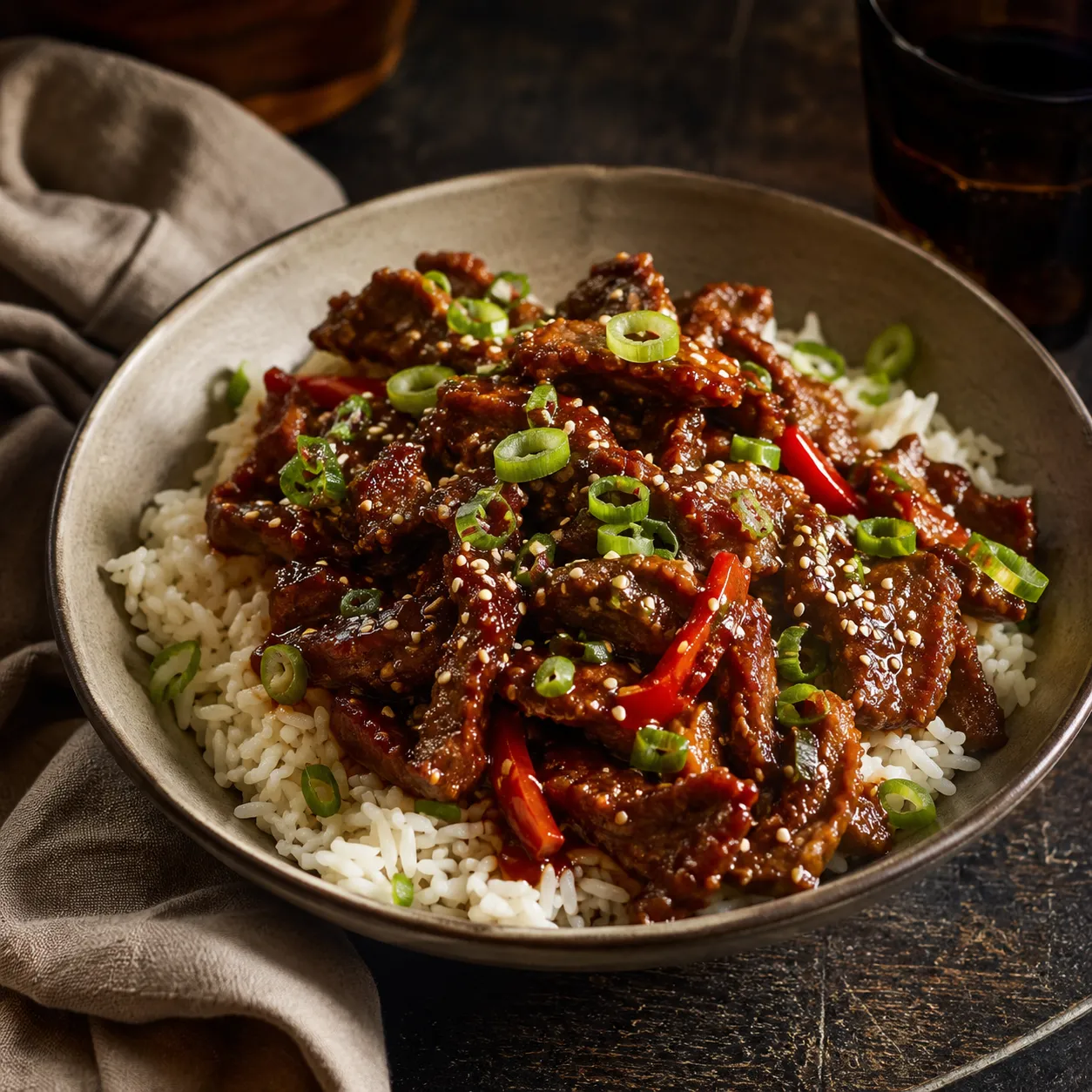Crispy chilli beef served over jasmine rice with spring onions