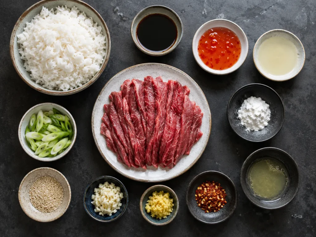 Ingredient lineup for crispy chilli beef rice including sliced steak, rice, sauces, garlic, and ginger