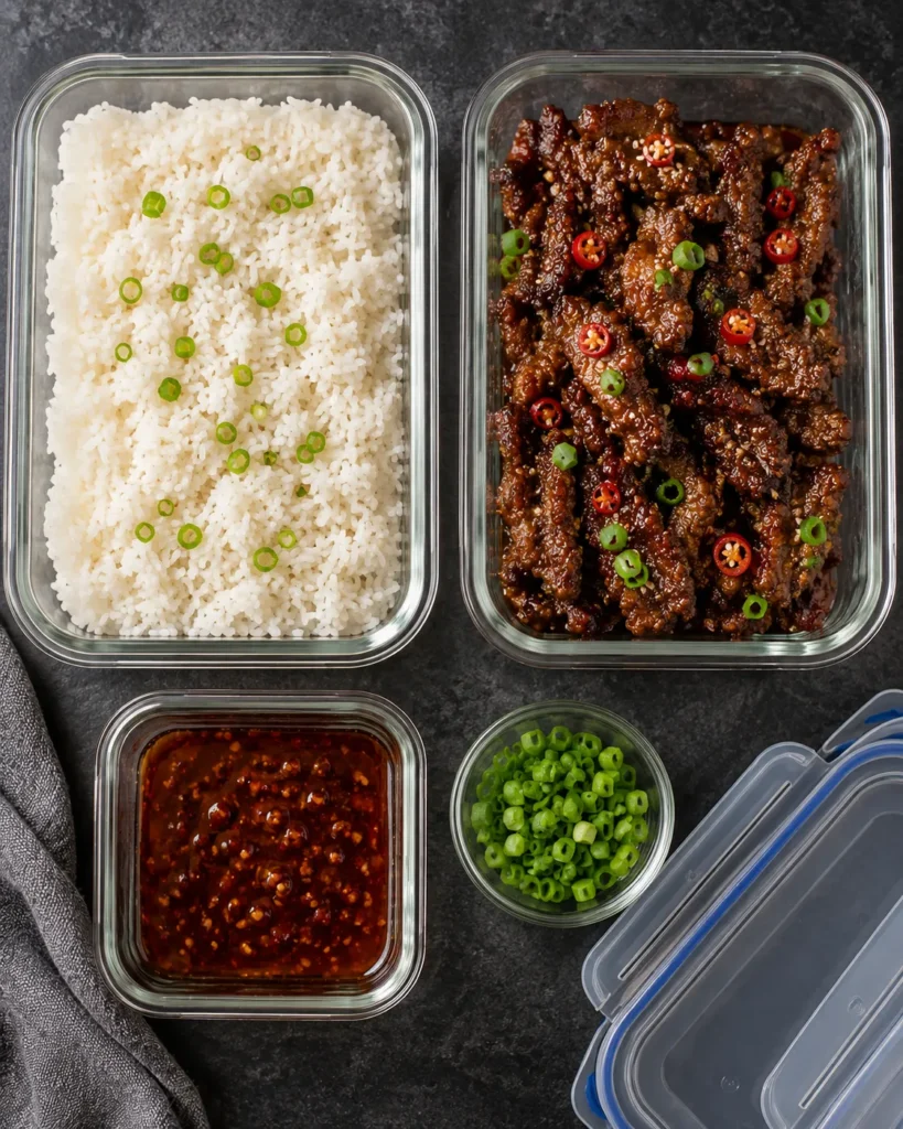 Meal-prep containers with rice, crispy beef, and sauce stored separately