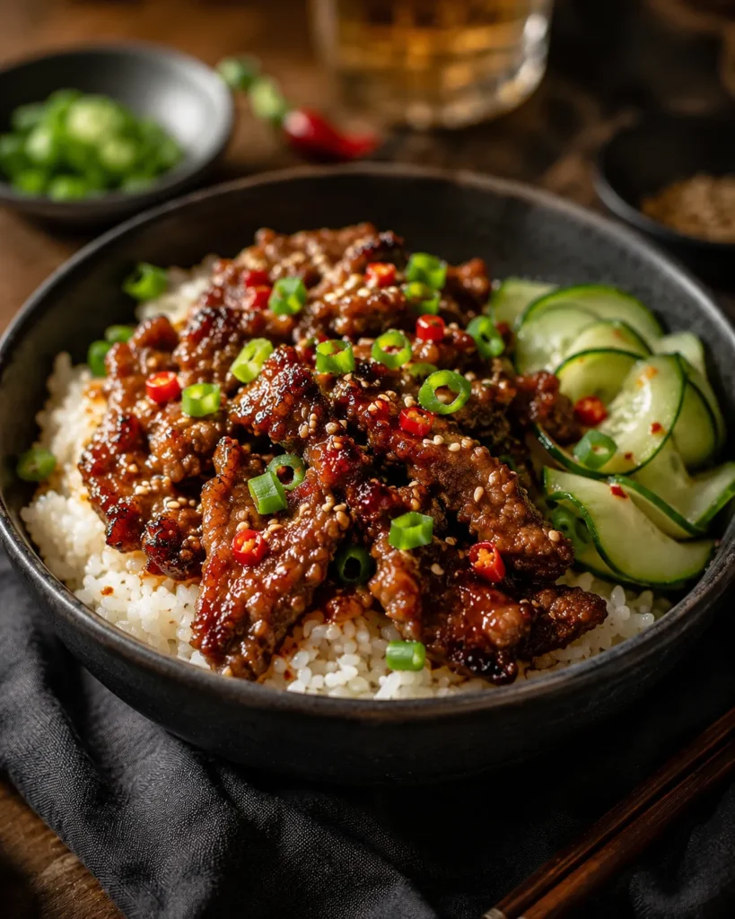 Served bowl of crispy chilli beef with rice and cucumber on the side