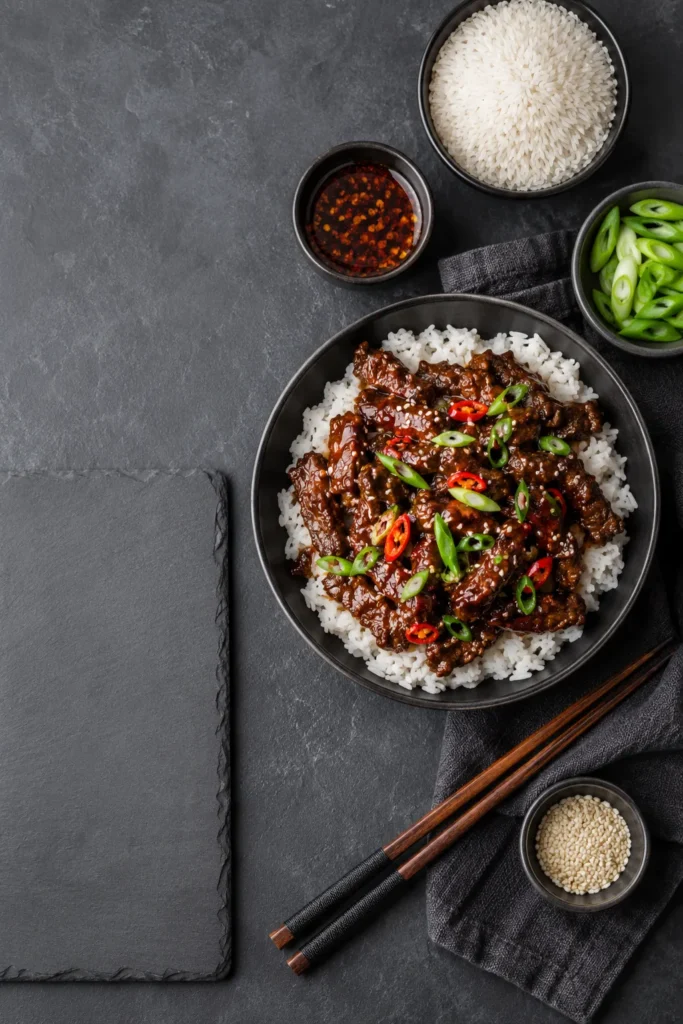 Overhead flat-lay of crispy chilli beef rice with jasmine rice, chilli sauce, spring onions, sesame seeds, and chopsticks