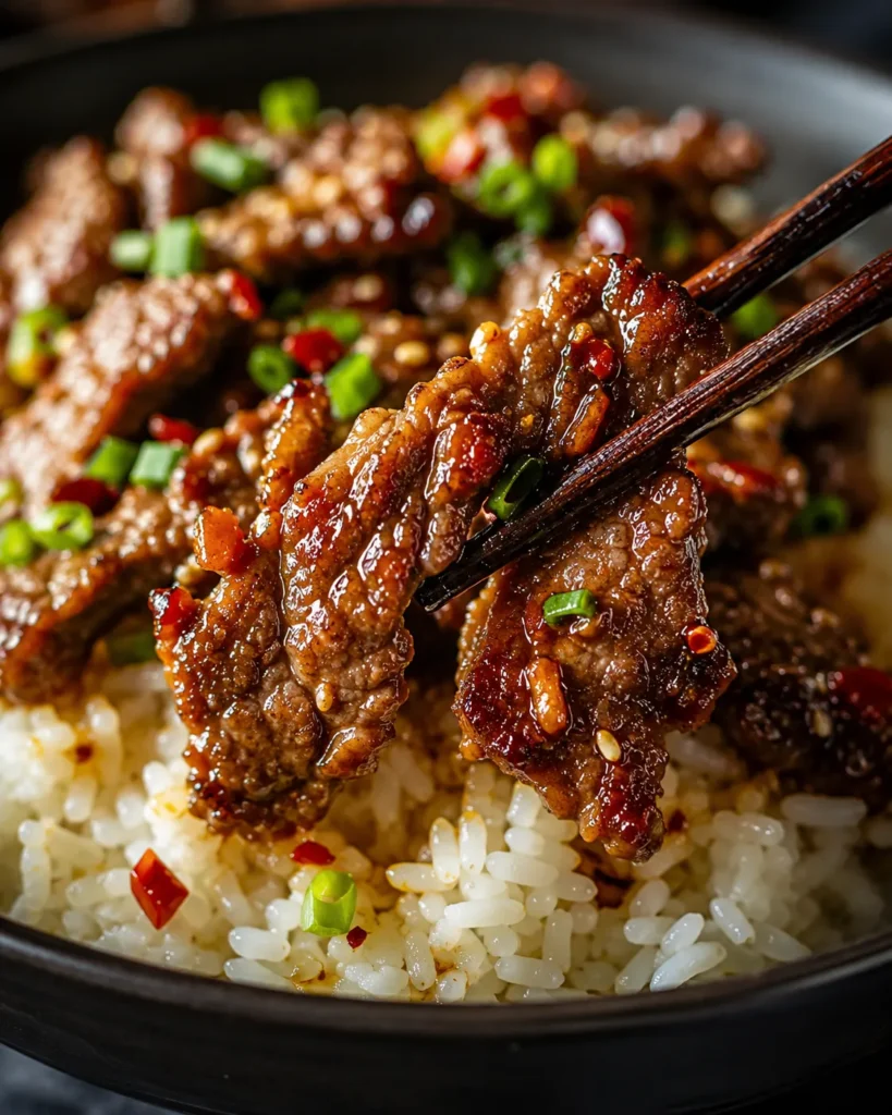 Close-up of crispy chilli beef over rice showing glossy sauce and crisp edges