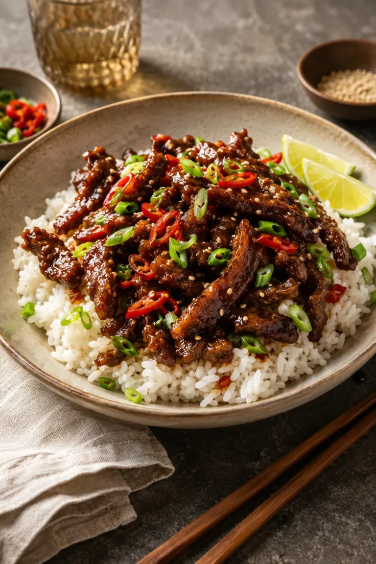 Crispy chilli beef served over jasmine rice with spring onions