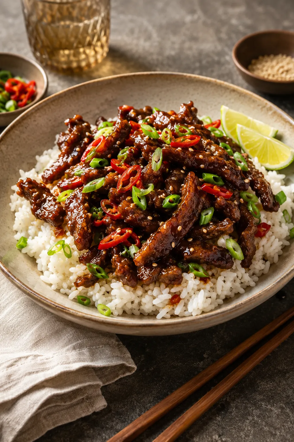 Crispy chilli beef served over jasmine rice with spring onions