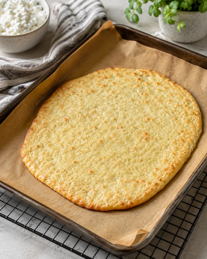Freshly baked cottage cheese flatbread cooling on parchment paper