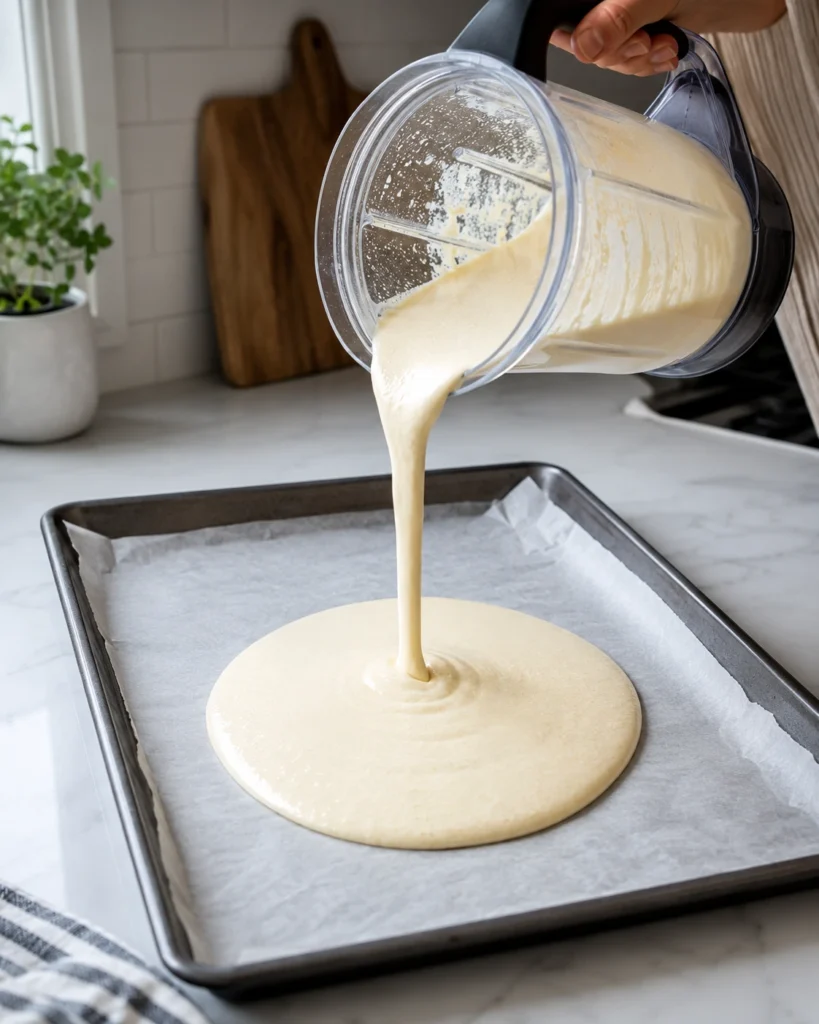 Smooth cottage cheese and egg batter being poured from a blender onto a parchment-lined sheet pan.