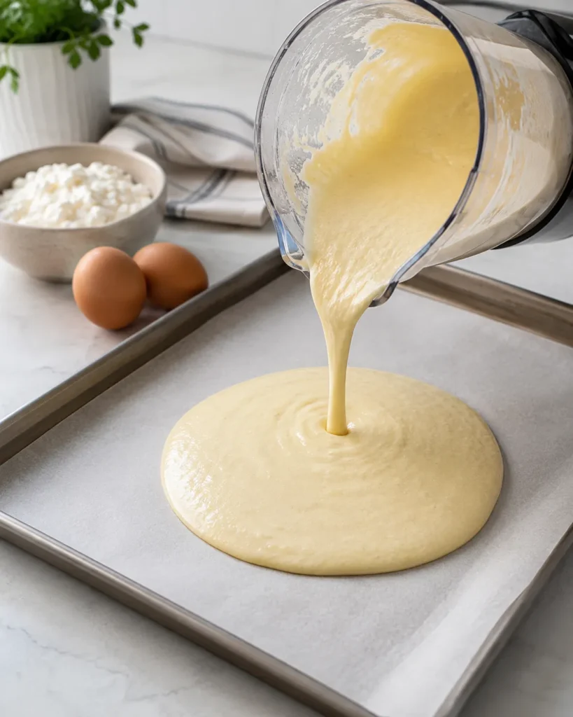Smooth cottage cheese flatbread batter being poured onto a parchment-lined pan