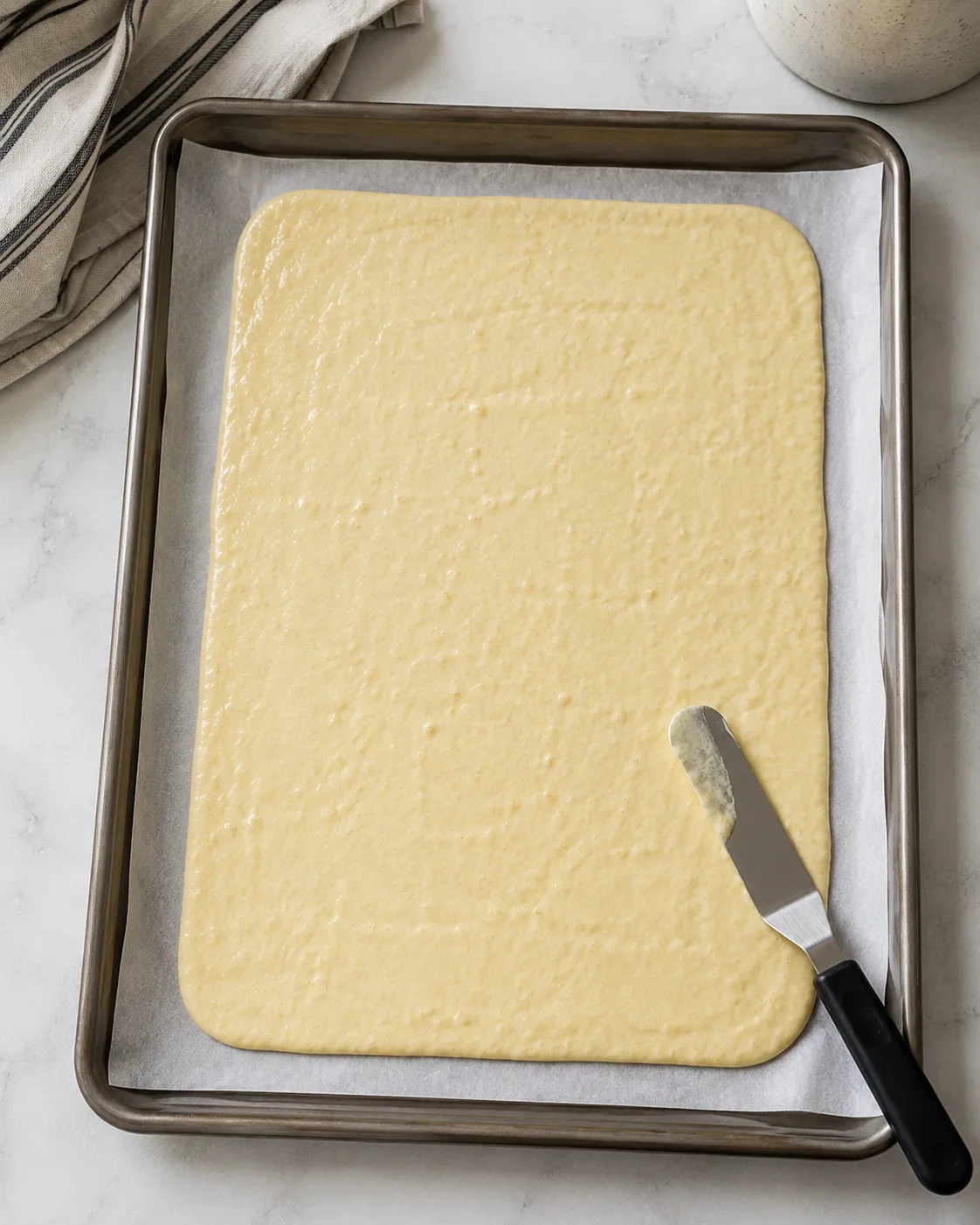 Thin cottage cheese flatbread batter spread across a parchment-lined sheet pan