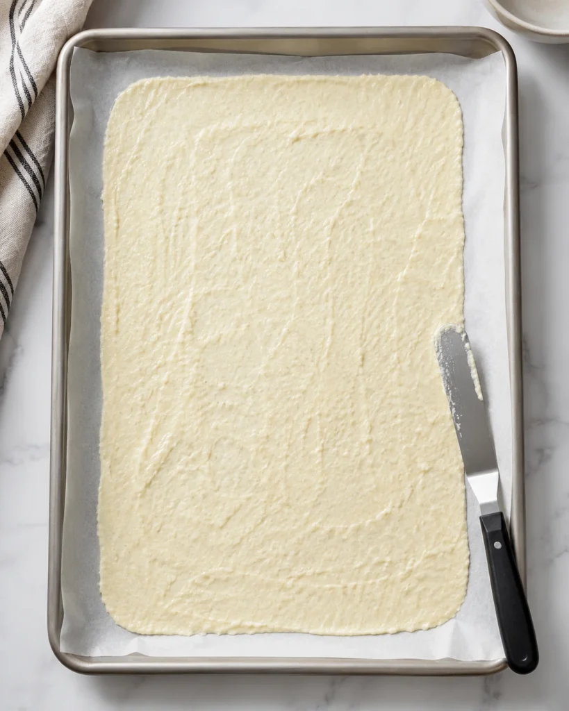 Thin cottage cheese flatbread batter spread across a parchment-lined sheet pan