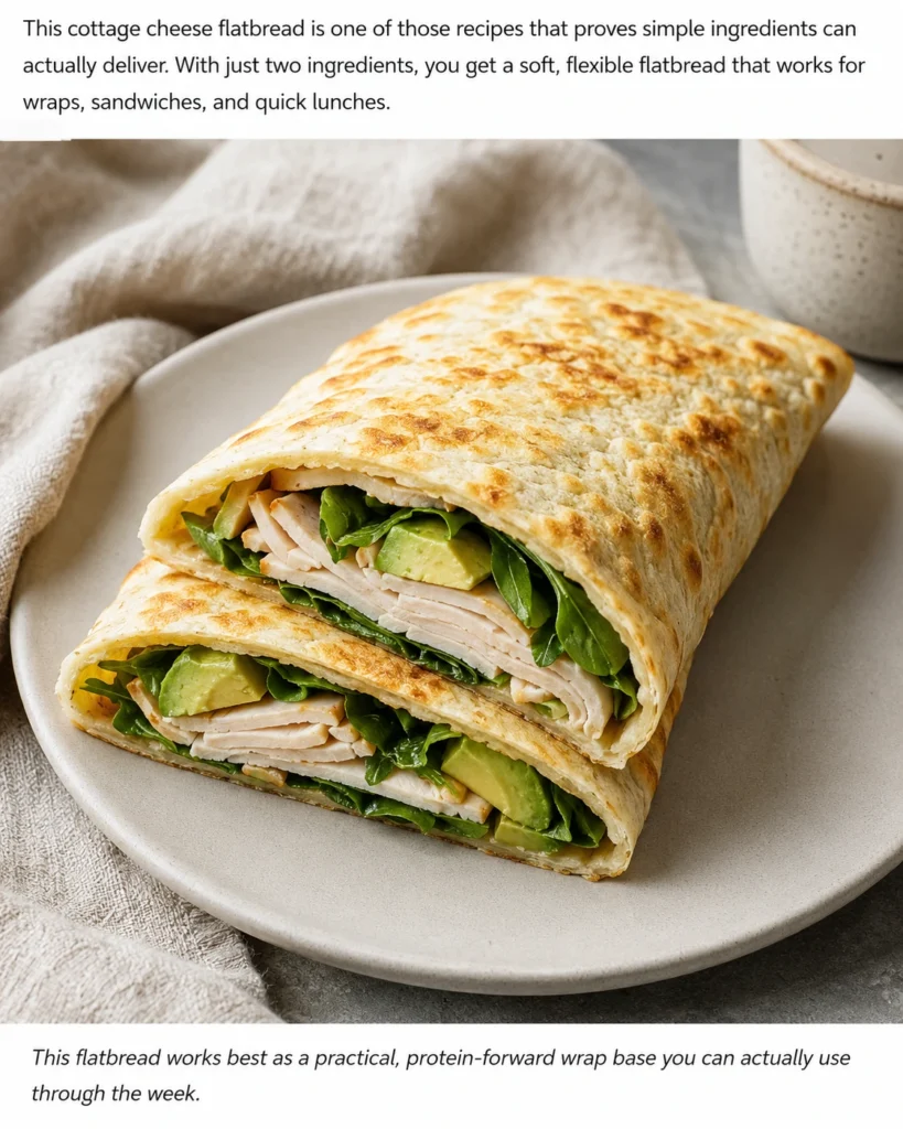 Folded 2-ingredient cottage cheese flatbread wrap filled with turkey, greens, and avocado on a ceramic plate