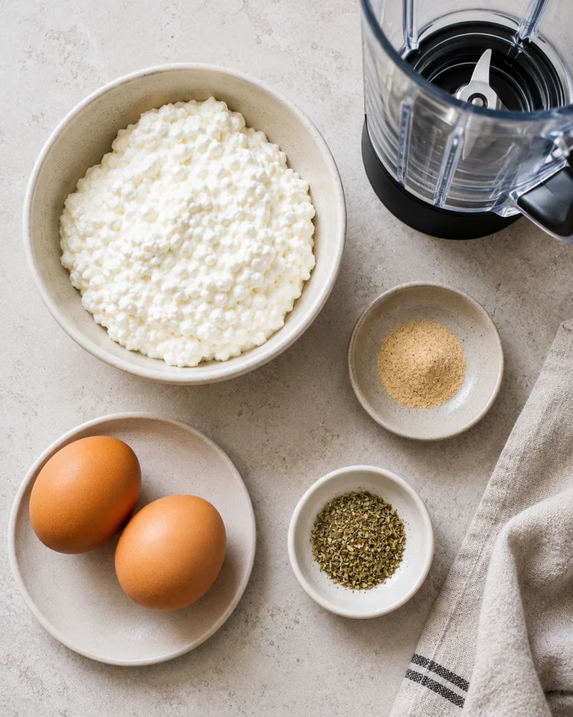 Cottage cheese, two eggs, garlic powder, Italian seasoning, and a blender arranged on a light countertop