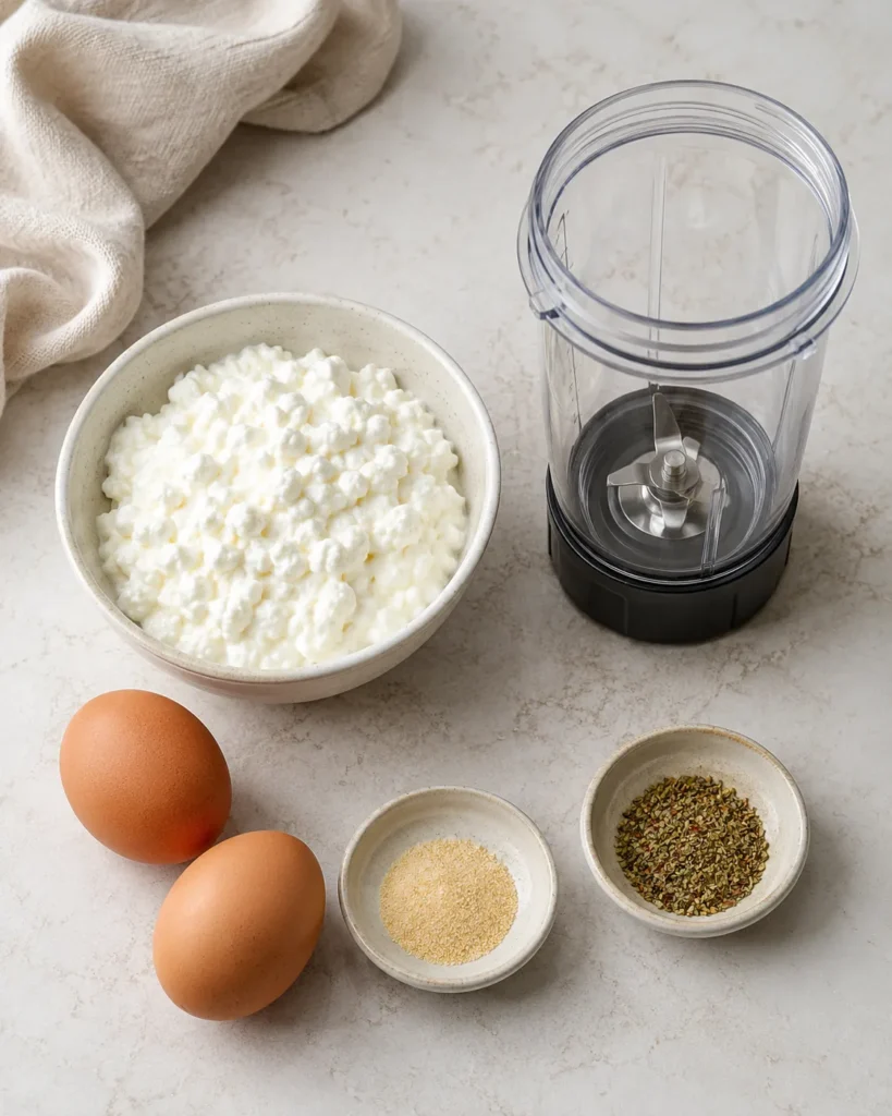 Cottage cheese, eggs, and optional seasonings for cottage cheese flatbread on a countertop