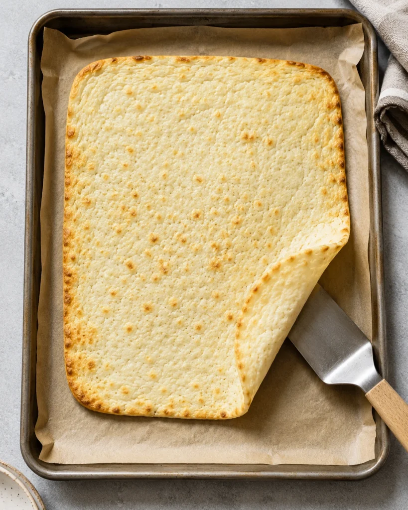 Baked 2-ingredient cottage cheese flatbread on parchment paper with one corner lifted to show its flexible texture