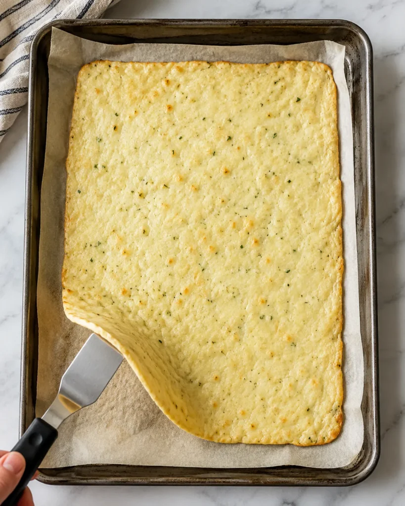 Baked cottage cheese flatbread on parchment paper with one corner lifted to show texture
