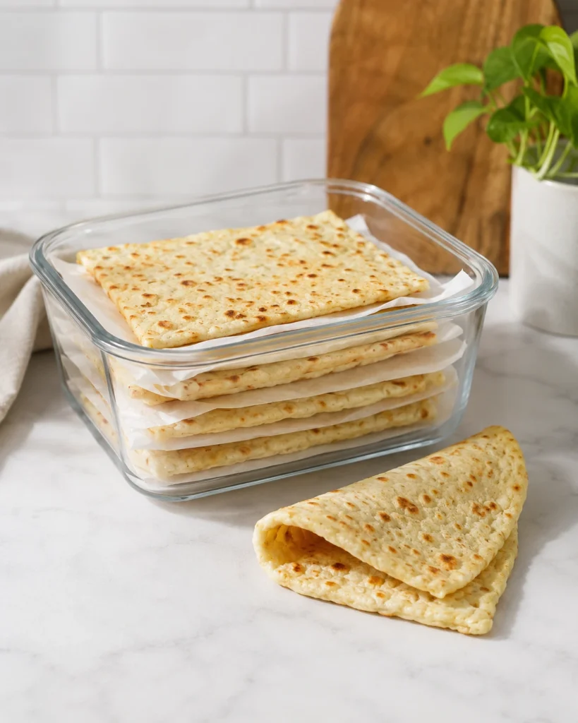 Cottage cheese flatbread stored in a glass container with parchment between the layers