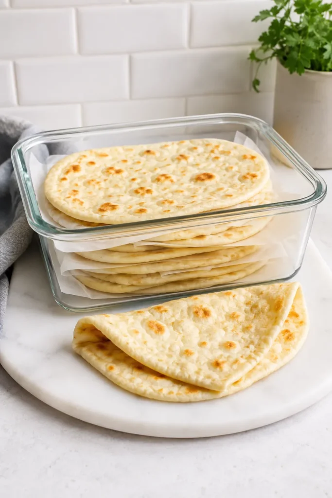 Cottage cheese flatbread stored in a glass container with parchment between layers