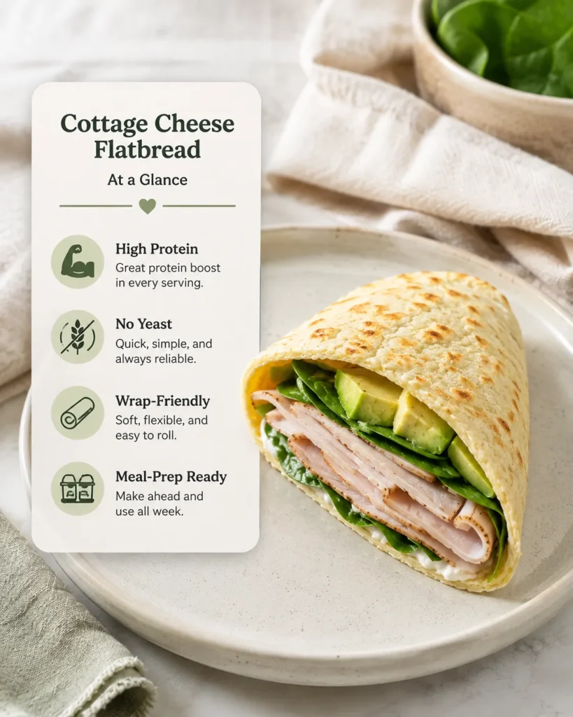 Cottage cheese flatbread wrap beside a simple recipe summary card