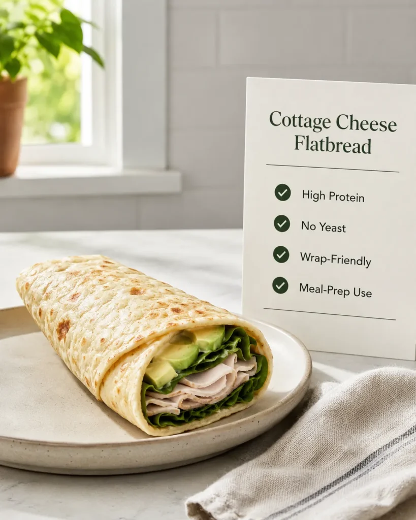 Cottage cheese flatbread wrap beside a simple recipe summary card