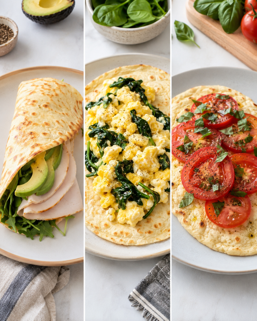 Three ways to use cottage cheese flatbread including a turkey avocado wrap, breakfast egg and spinach flatbread, and open-faced tomato flatbread