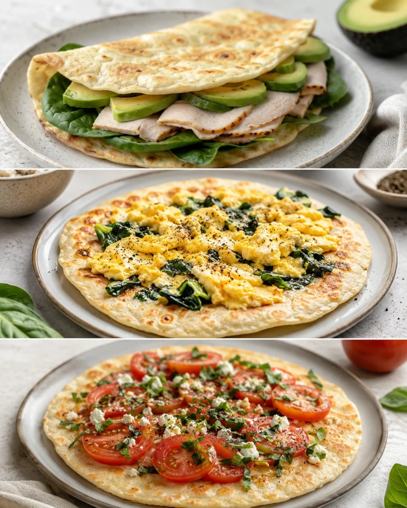 Three ways to use cottage cheese flatbread including a wrap, breakfast flatbread, and open-faced lunch