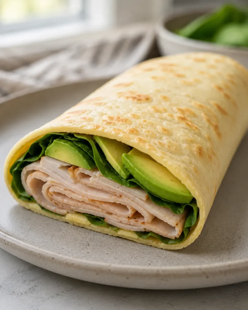 Close-up of cottage cheese flatbread folded around turkey, spinach, and avocado