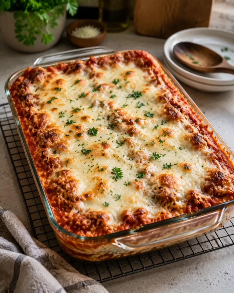 Freshly baked lasagna with cottage cheese and melted mozzarella in a baking dish