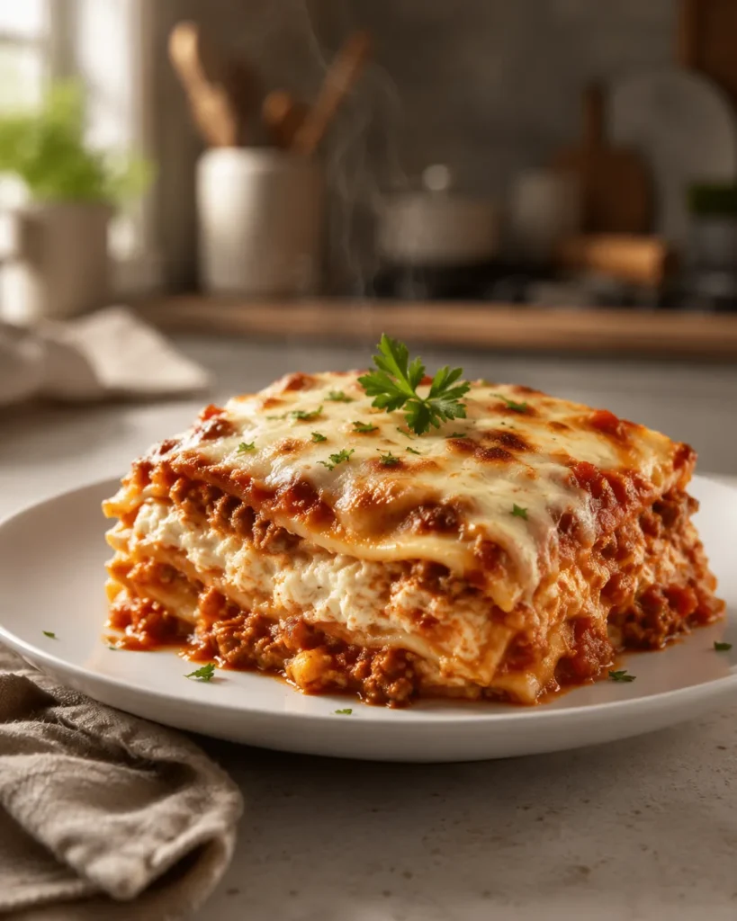 A plated serving of cottage cheese lasagna with visible layers, turkey sauce, and melted mozzarella
