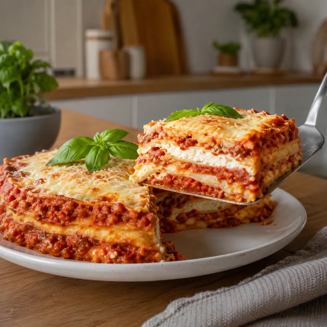 Easy cottage cheese lasagna with turkey sauce and melted mozzarella
