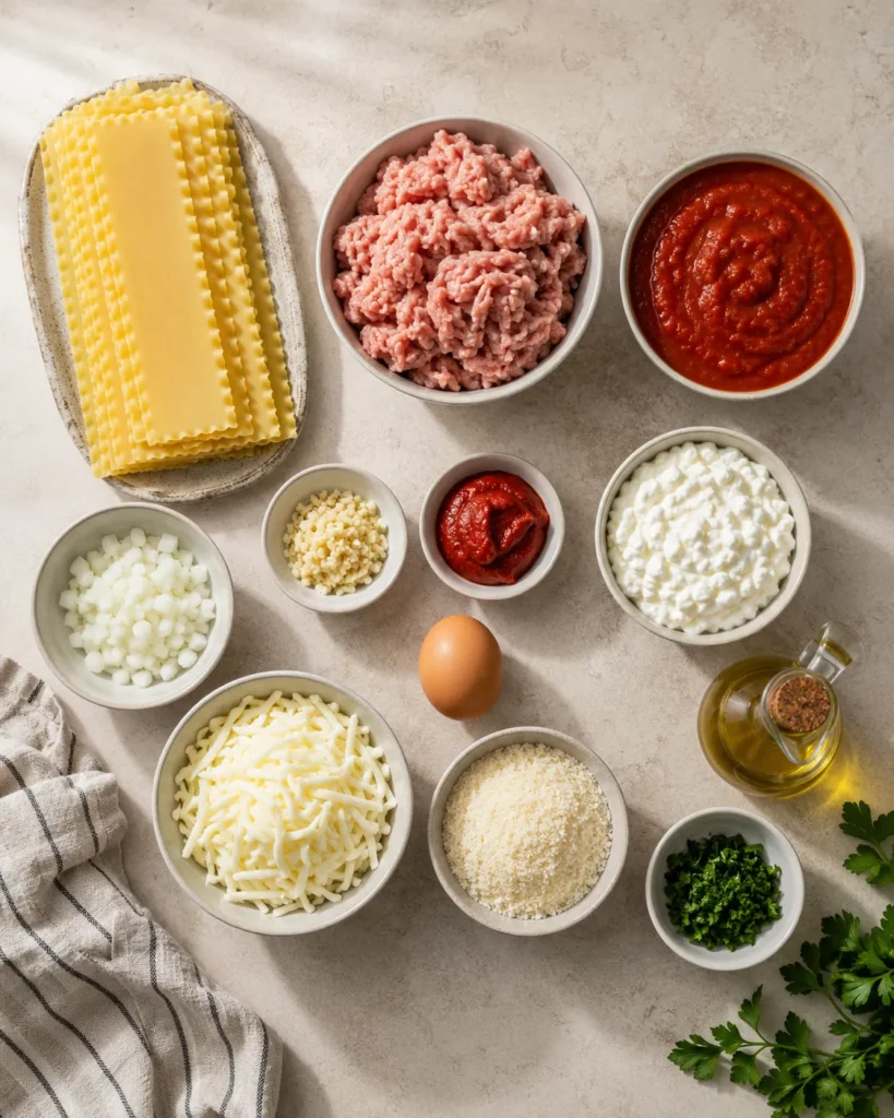 Ingredients arranged for cottage cheese lasagna including lasagna noodles, ground turkey, marinara sauce, cottage cheese, and shredded cheeses