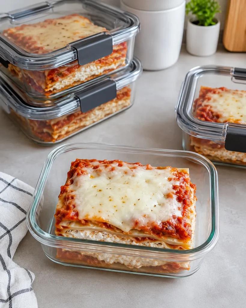 Individual portions of cottage cheese lasagna packed in meal-prep containers