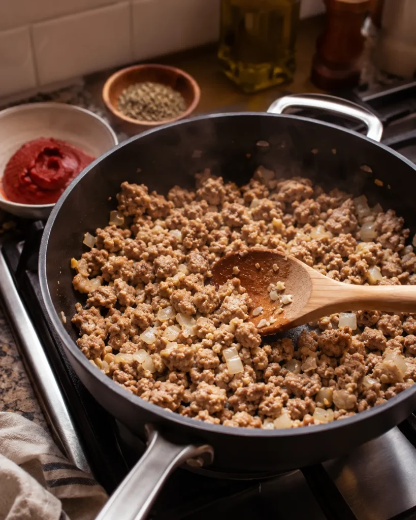 Ground turkey browning with onion and garlic for cottage cheese lasagna sauce
