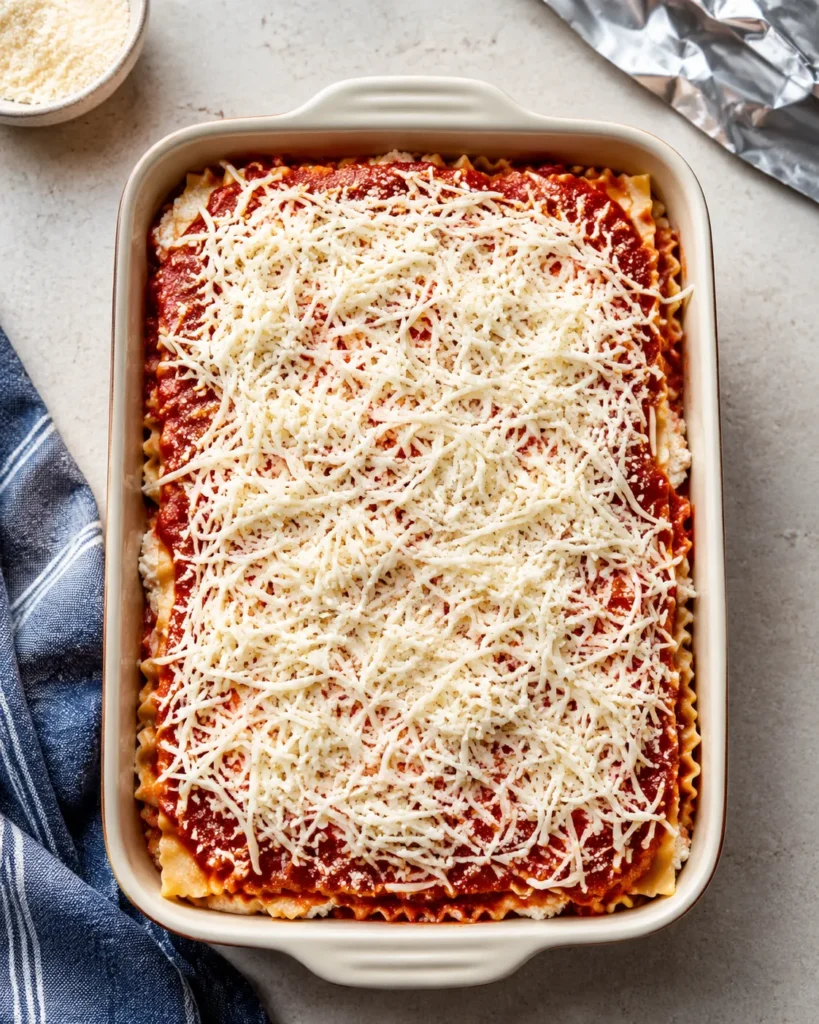 Assembled cottage cheese lasagna topped with marinara sauce and mozzarella cheese before baking