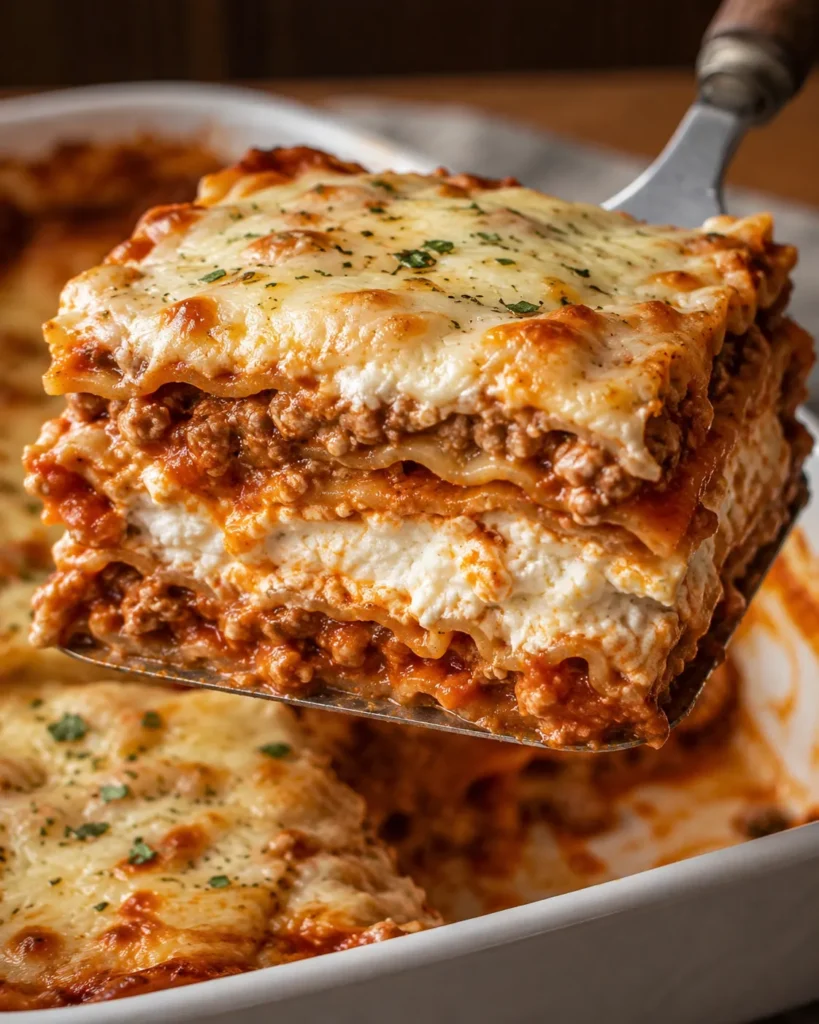 Close-up slice of cottage cheese lasagna showing pasta layers, turkey meat sauce, creamy cottage cheese filling, and melted mozzarella