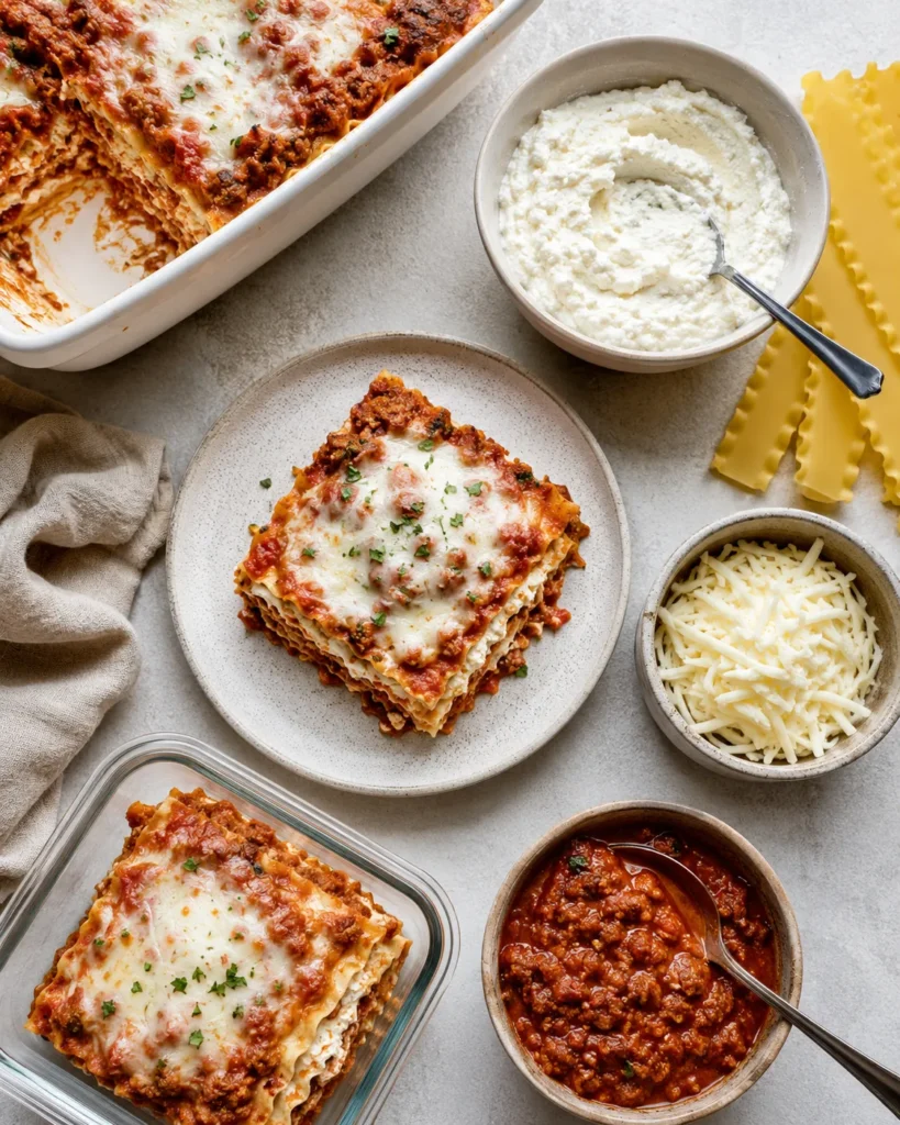Individual portions of cottage cheese lasagna packed in meal-prep containers