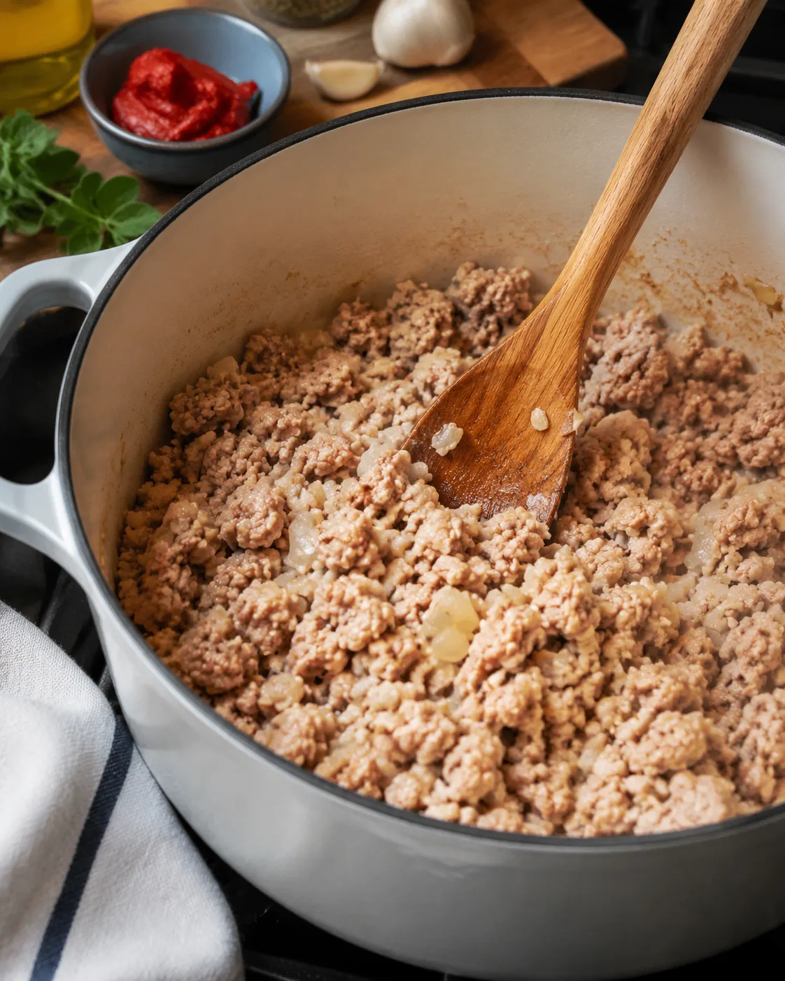 Ground turkey browning with onion and garlic in a pot for easy lasagna soup