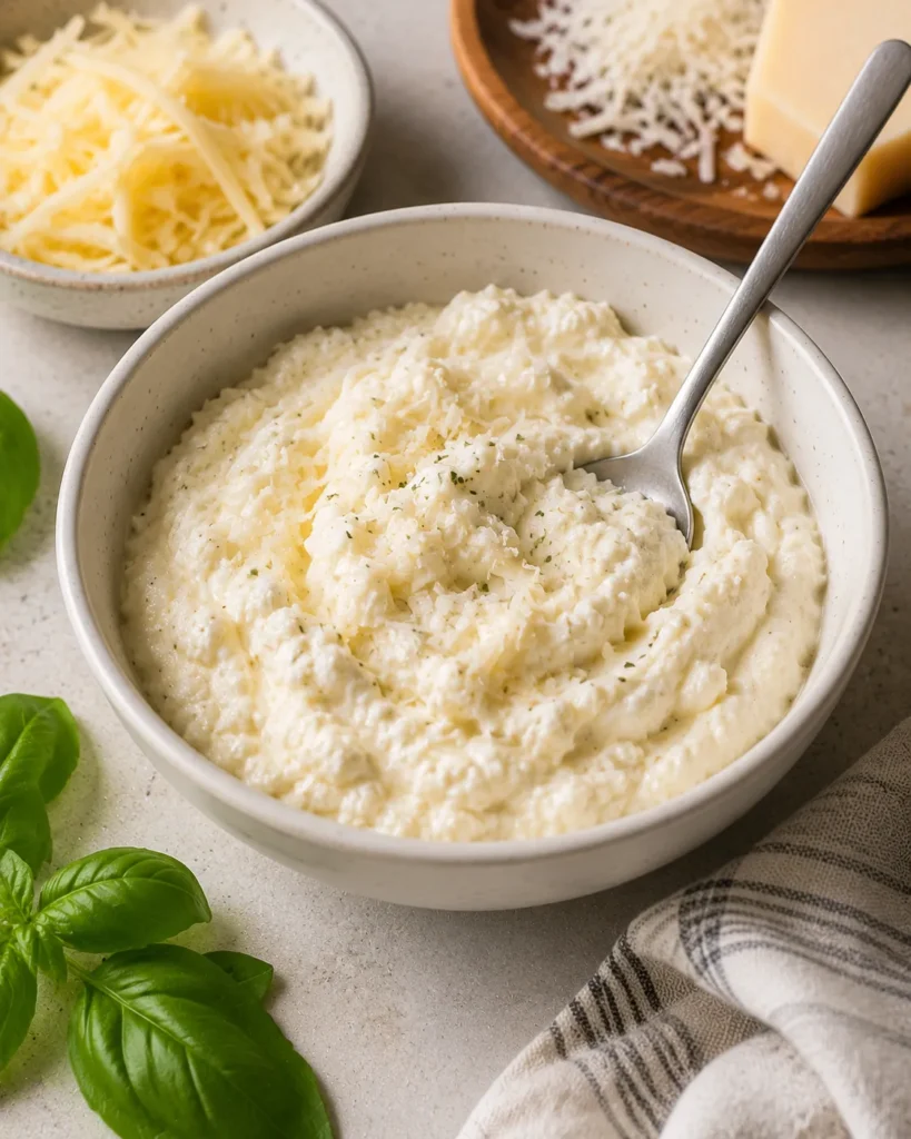 Creamy cottage cheese and ricotta topping for lasagna soup in a small bowl