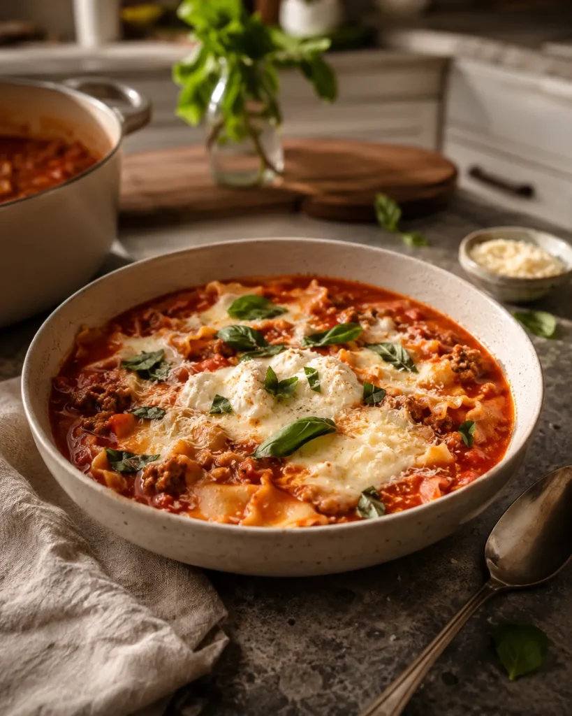 Easy lasagna soup in a bowl with tomato broth, noodles, turkey, and creamy cheese topping
Title: Easy Lasagna Soup