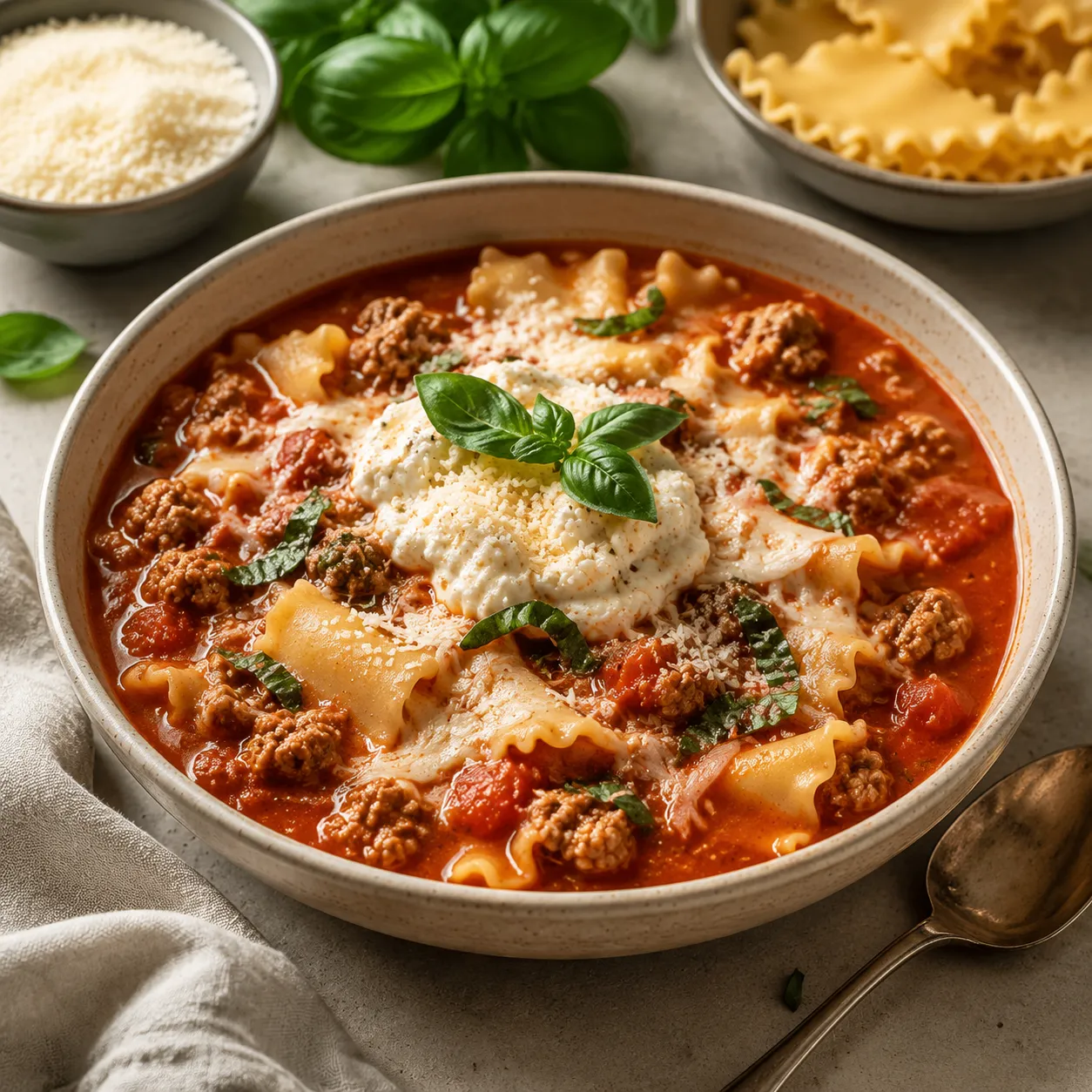 Easy lasagna soup with turkey, broken noodles, tomato broth, and creamy cheese topping