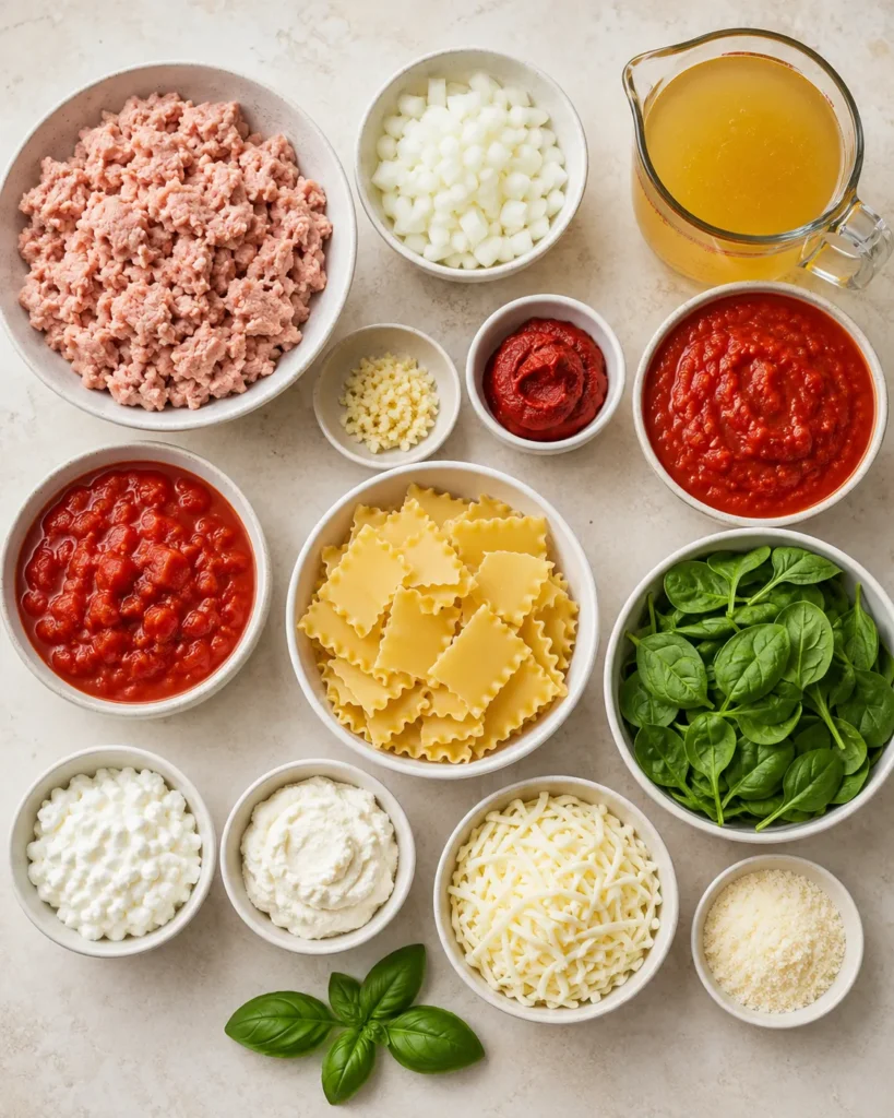 Ingredients arranged for easy lasagna soup including turkey, noodles, tomatoes, broth, and cheese