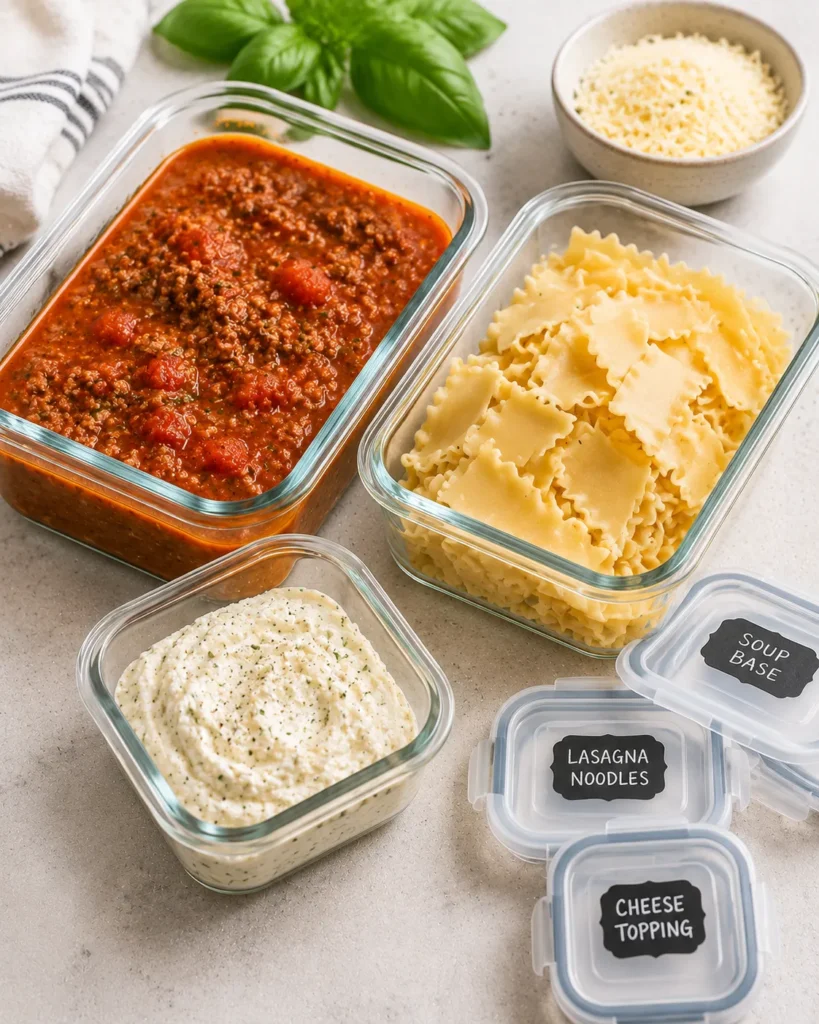 Lasagna soup stored in separate meal-prep containers with noodles and cheese topping