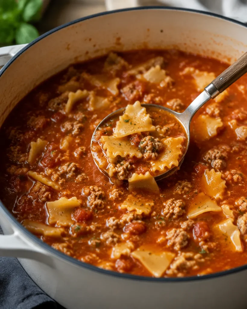 Broken lasagna noodles cooking in tomato broth for easy lasagna soup
Title: Easy Lasagna Soup Noodles