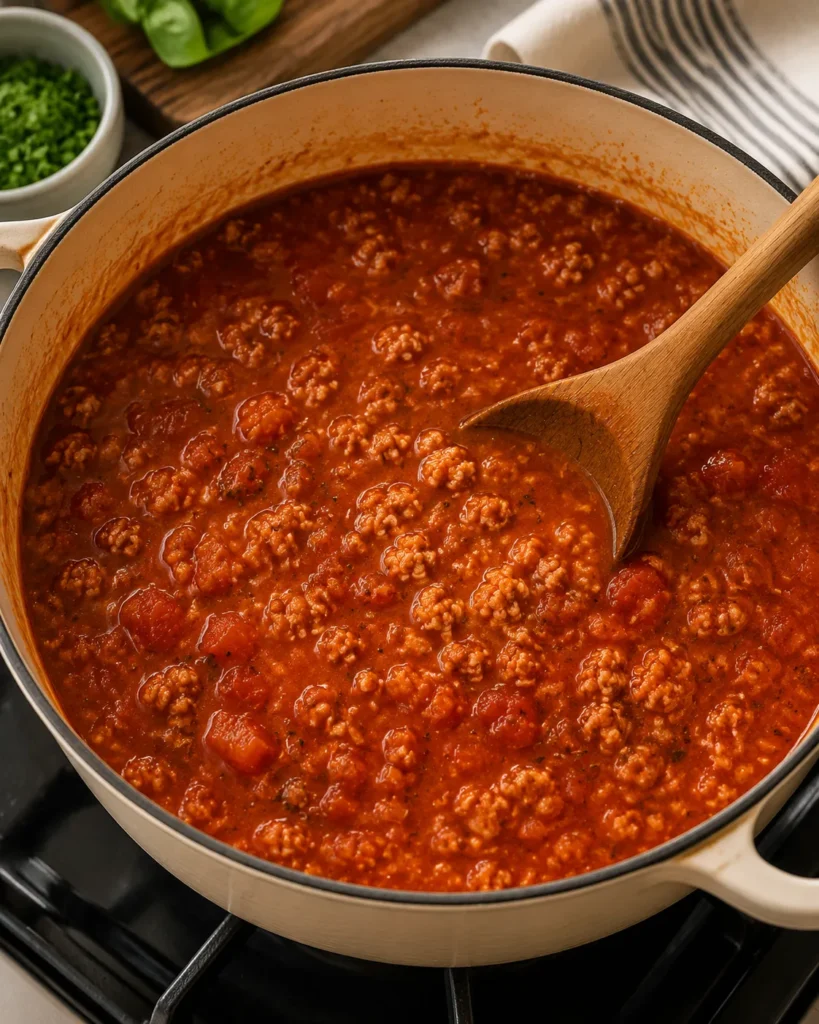 Tomato broth base simmering with turkey in a pot for lasagna soup