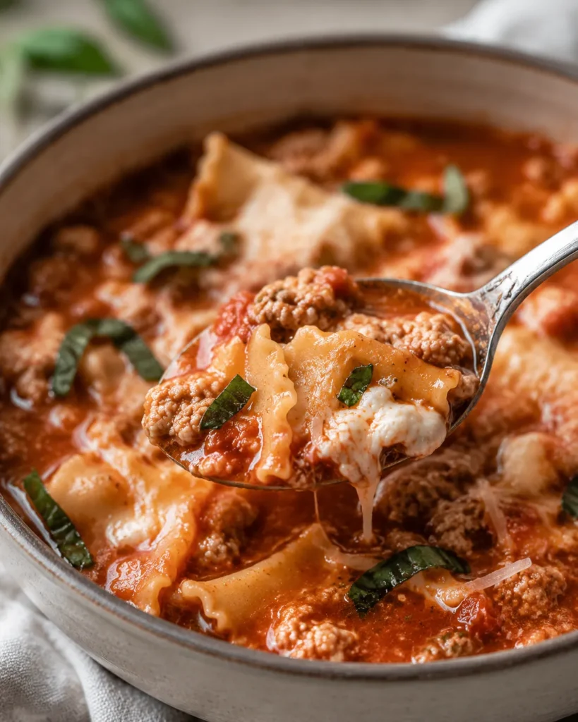 Spoonful of easy lasagna soup with noodles, turkey, tomato broth, and creamy cheese