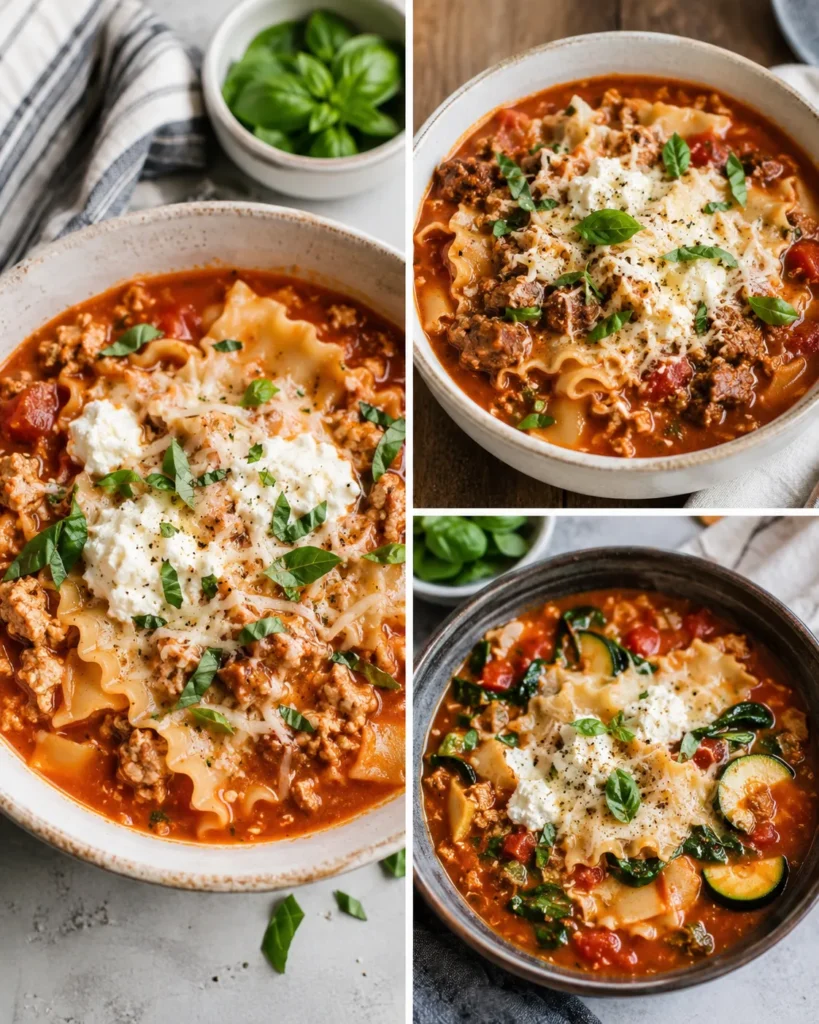 Three variations of easy lasagna soup including turkey, beef, and vegetable versions